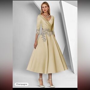 V-Neck Champagne Midi Dress with Silver Floral Embroidery